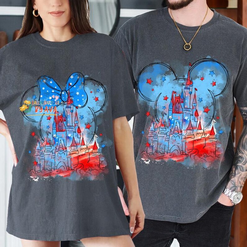 Watercolor Disneyland Castle 4th of July Shirt, Merica Disneyland Shirt, 4th of July Mickey Minnie Shirt, Independence Day 2026 Matching Tee image 2