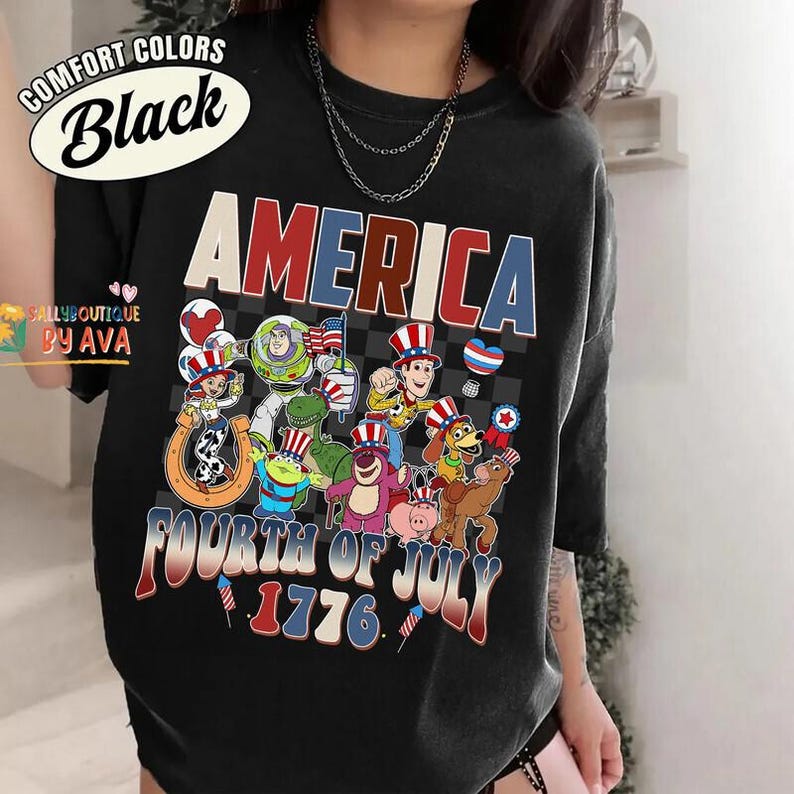 Toy Story Checkered Disneyland Happy 4th of July Shirt, Woody Buzz Jessie Rex,Toy Story Characters USA 250th Anniversary Shirt image 1