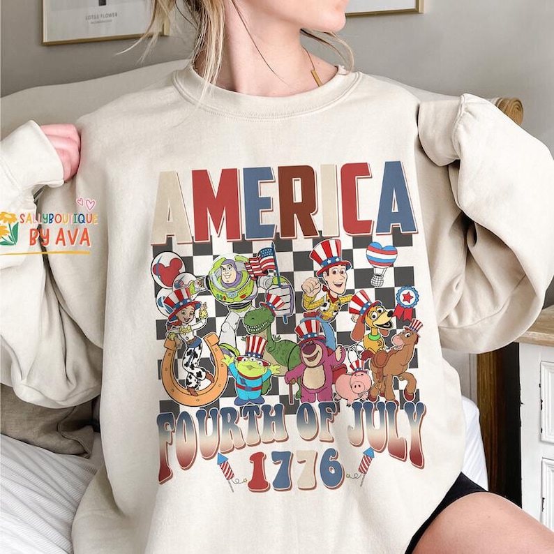 Toy Story Checkered Disneyland Happy 4th of July Shirt, Woody Buzz Jessie Rex,Toy Story Characters USA 250th Anniversary Shirt image 6
