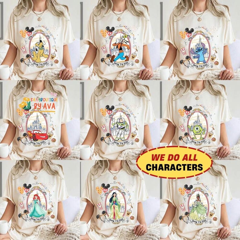 Custom All Characters Disneyland Trip 2026 Shirt, Personalized WDW Family Vacation Matching Tee, Magic Kingdom Mickey Pooh Stitch Buzz Shirt image 1