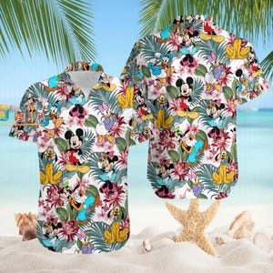 Mickey and Friends Hawaiian Shirt, Disneyland Hawaiian Button Up Shirt, Family Trip Vacation Shirt, Minnie Mouse Summer Hawaiian Summer Gift image 1