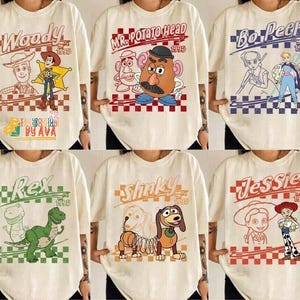 Retro Disneyland Pixar Toy Story All Characters Villains Checkered Signature Shirt, Woody, Buzz, Jessie, Bo Peep,Personalized Group Matching image 4