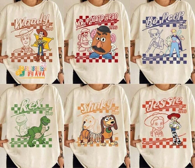 Retro Disneyland Pixar Toy Story All Characters Villains Checkered Signature Shirt, Woody, Buzz, Jessie, Bo Peep,Personalized Group Matching image 4