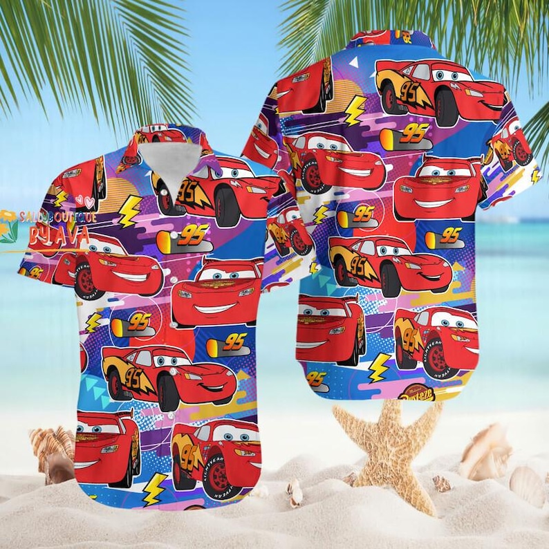 Disneyland Cars Hawaiian Shirt,Lightning Mcqueen Tow Mater Hawaiian Shirt, Summer Car Aloha Shirt, Car Pixar Hawaiian Button Up Shirt image 1