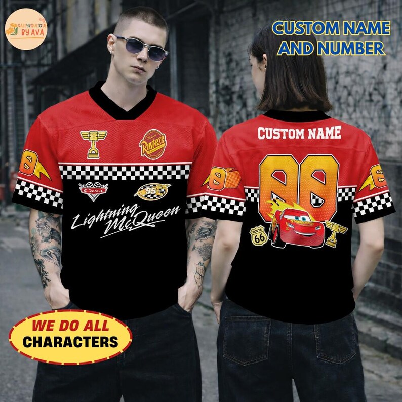 Personalized Disneyland Cars Football Jersey, Custom Name Number Lightning McQueen Shirt, Cars Movie Birthday Gift, Boys Racing Jersey image 2