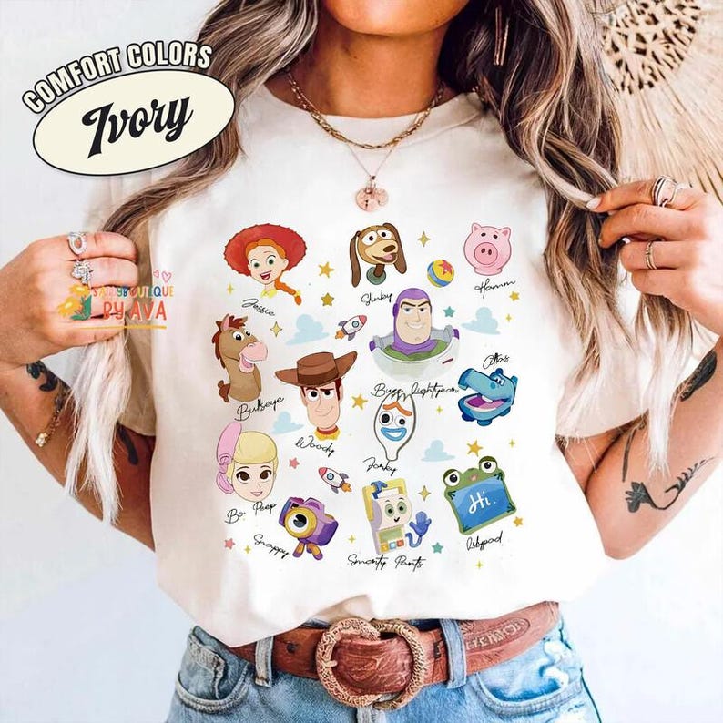 Watercolor Toy Story 5 Characters Tshirt, Lilypad Buzz Lightyear Woody Jessie Toy Story Land You've Got a Friend In Me Adult & Kids shirt afbeelding 1