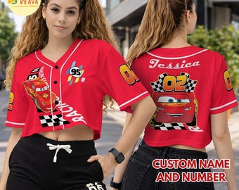 Personalized Lightning McQueen Crop Top Jersey Baseball Jersey, Custom Name DisneyCars Baseball Shirt, Disneyland Cars Baseball Team Outfit