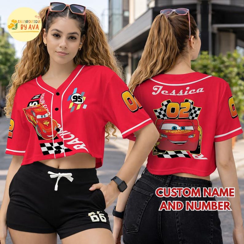 Personalized Lightning McQueen Crop Top Jersey Baseball Jersey, Custom Name DisneyCars Baseball Shirt, Disneyland Cars Baseball Team Outfit imagem 1