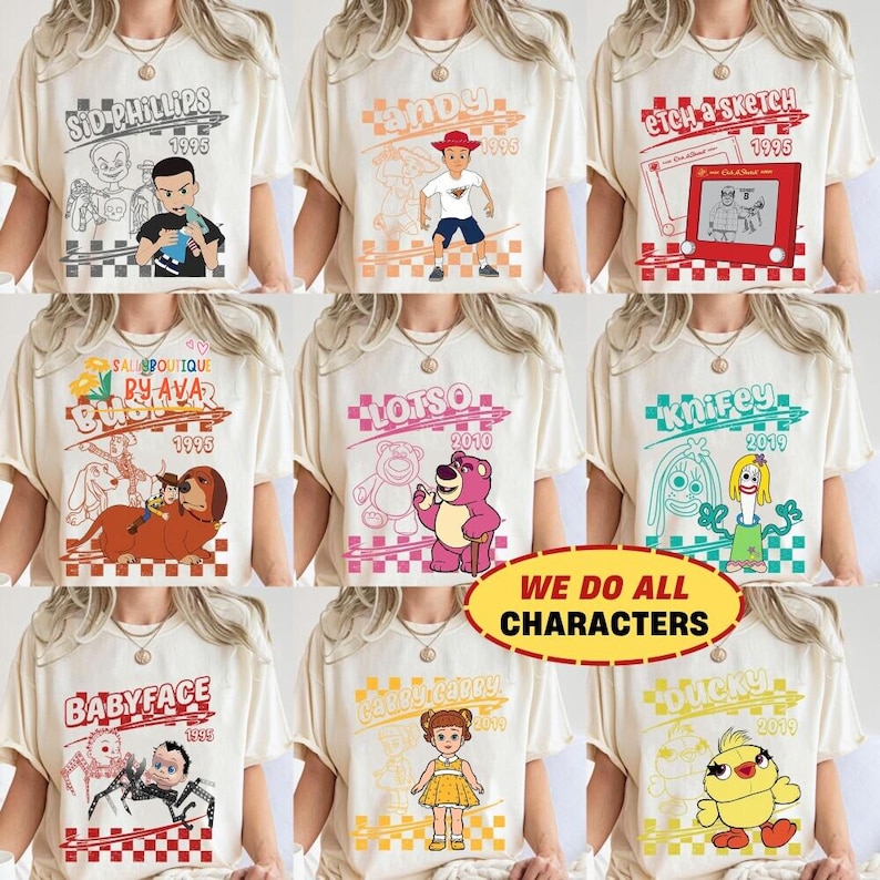 Retro Disneyland Pixar Toy Story All Characters Villains Checkered Signature Shirt, Woody, Buzz, Jessie, Bo Peep,Personalized Group Matching image 1