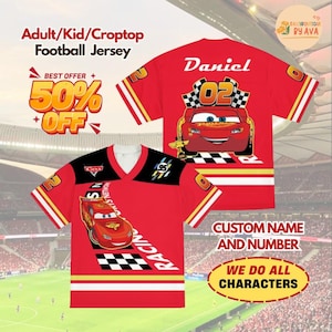 Custom Disneyland Cars Lightning McQueen Crop Top Jersey Football Jersey,Custom Name and Number Football Shirt, Disneyland Cars Team Outfit image 1