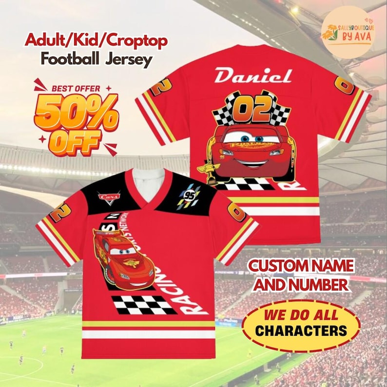 Custom Disneyland Cars Lightning McQueen Crop Top Jersey Football Jersey,Custom Name and Number Football Shirt, Disneyland Cars Team Outfit image 1