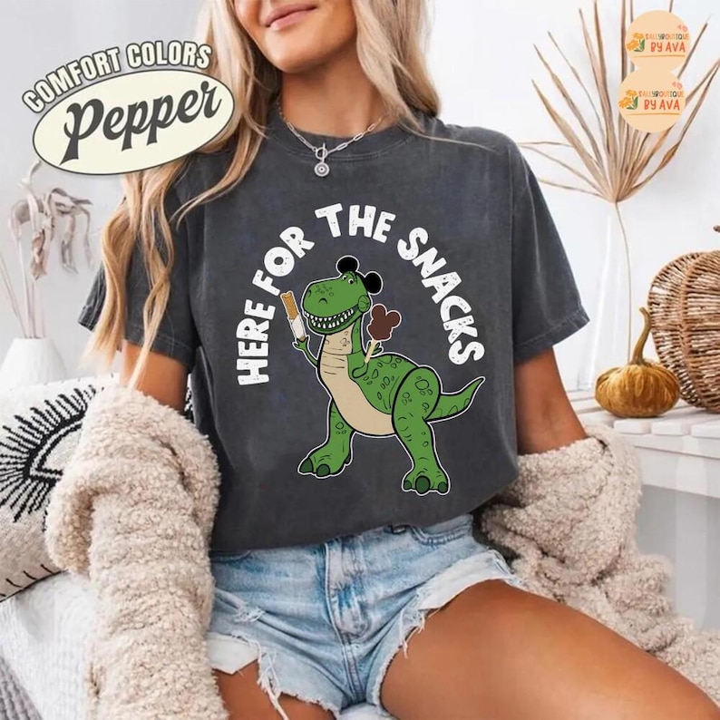 Here For The Snacks Rex Toy Story Shirt, Funny Kids Toy Story Snack Lover Tee, Woody Buzz Rex Graphic Top, Disneyland Family Matching image 6