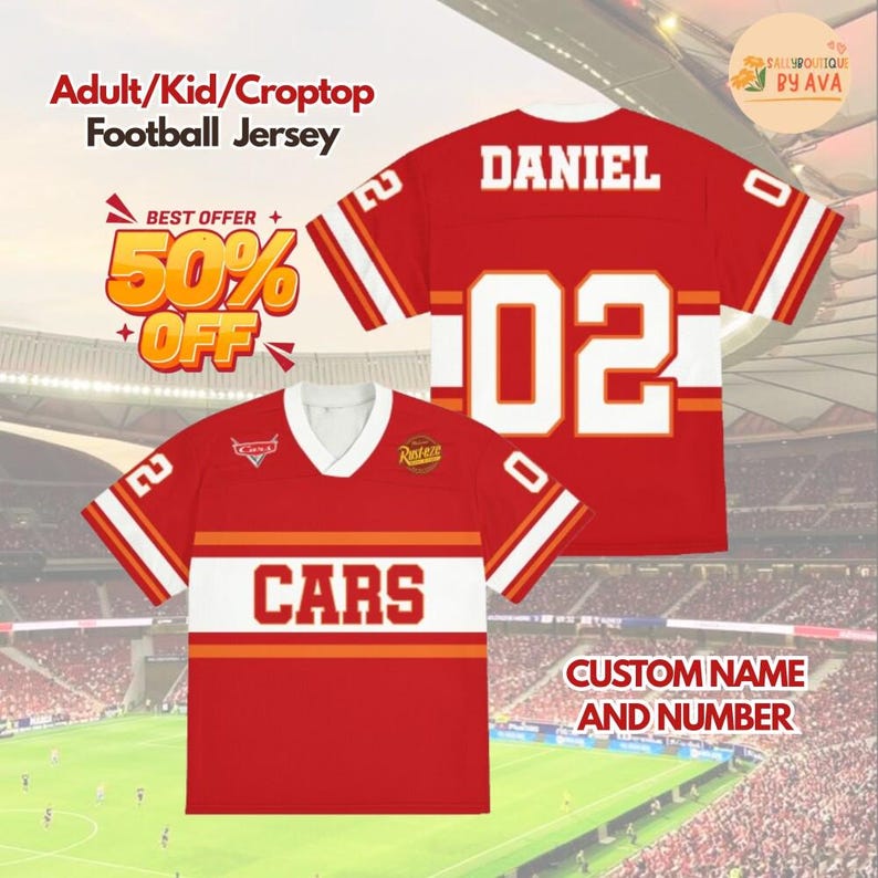 Personalized Disneyland Cars Football Jersey, Lightning McQueen Croptop Youth Adult Football Jersey Team, Cars Family Football Matching 2026 image 1