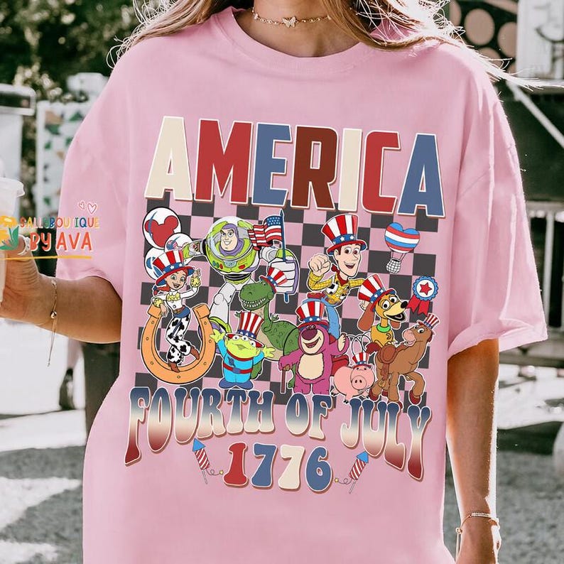 Toy Story Checkered Disneyland Happy 4th of July Shirt, Woody Buzz Jessie Rex,Toy Story Characters USA 250th Anniversary Shirt image 4