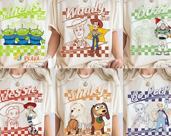 Retro Disneyland Pixar Toy Story All Characters Checkered Signature Shirt, Woody, Buzz, Jessie, Bo Peep, Personalized Group Matching Tee
