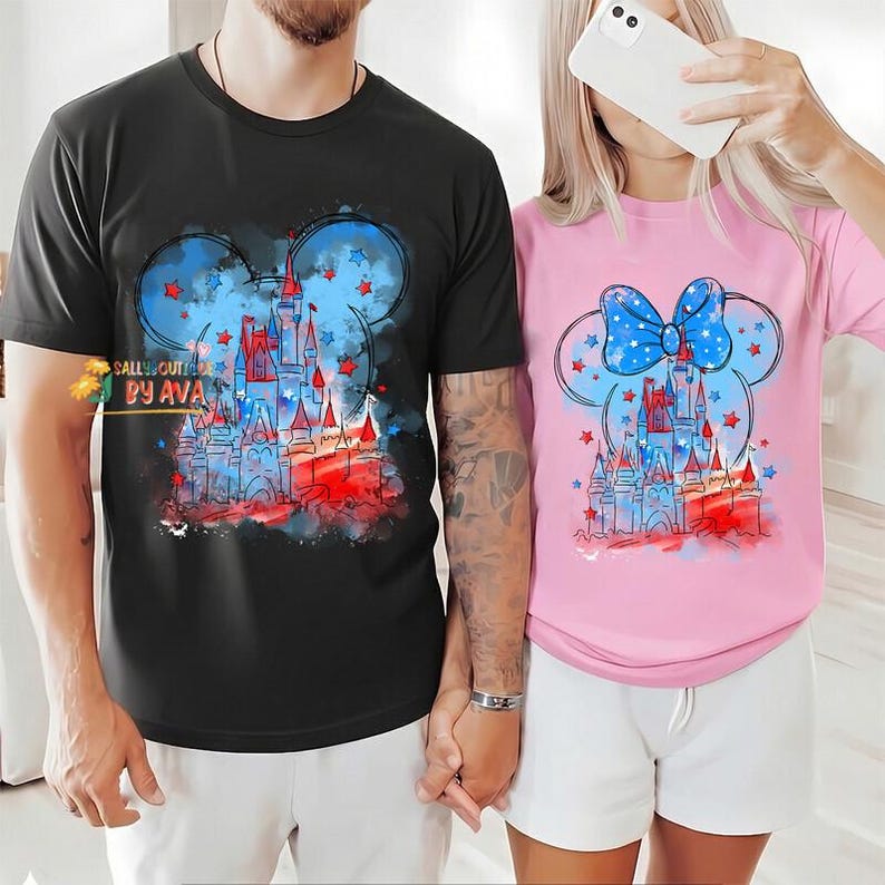 Watercolor Disneyland Castle 4th of July Shirt, Merica Disneyland Shirt, 4th of July Mickey Minnie Shirt, Independence Day 2026 Matching Tee image 1