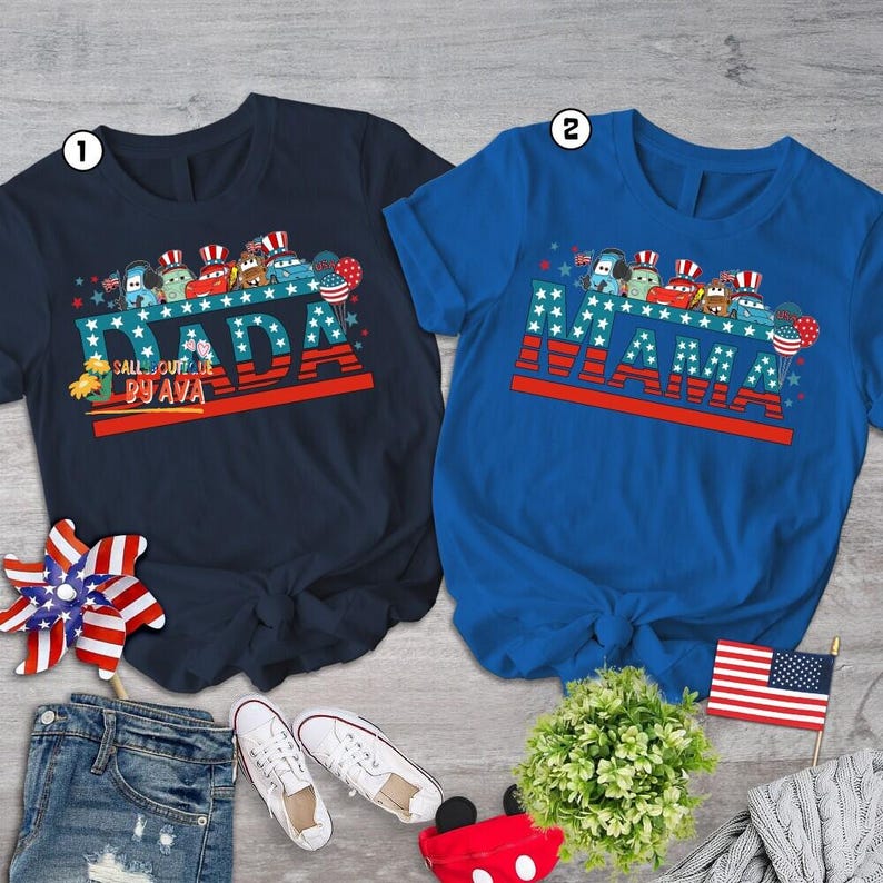 Personalized Disneyland Cars Family Dad Mom Happy 4th of July Shirt, Pixar Cars Independence Day Shirt, Lightning McQueen Patriotic Shirt image 1