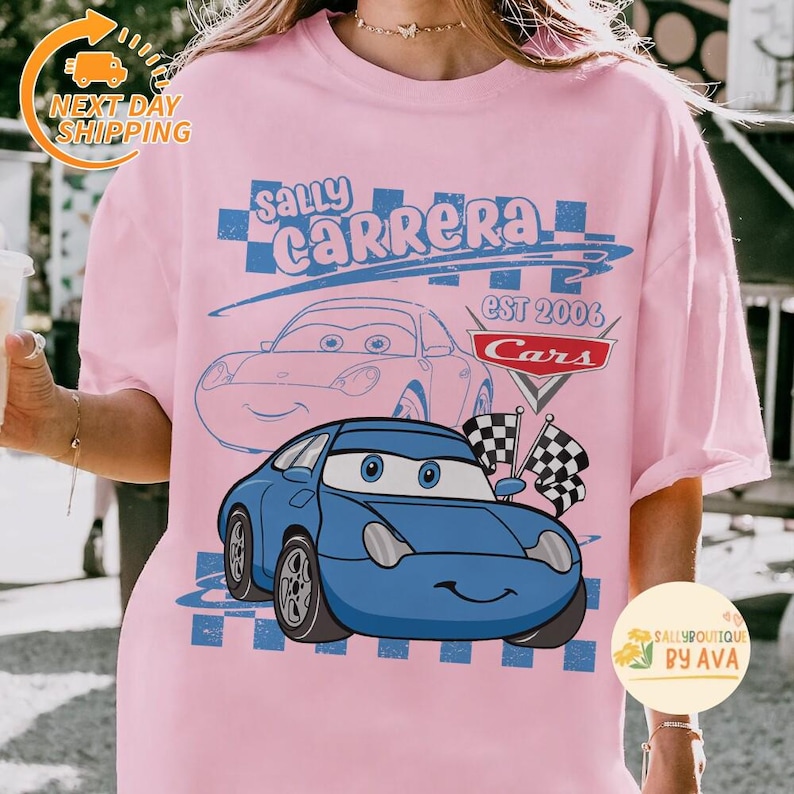 Retro Disneyland Cars Shirt, Checkered Lightning McQueen Cars Sally Tow Mater Shirt, Disneyland Group Matching Trip Shirts, Family Matching image 3