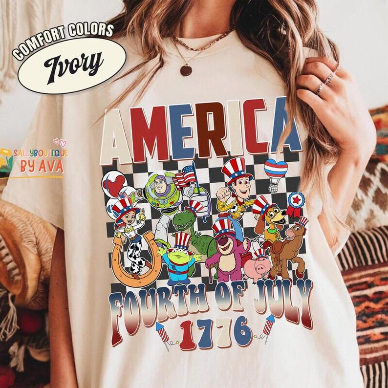 Toy Story Checkered Disneyland Happy 4th of July Shirt, Woody Buzz Jessie Rex,Toy Story Characters USA 250th Anniversary Shirt image 2