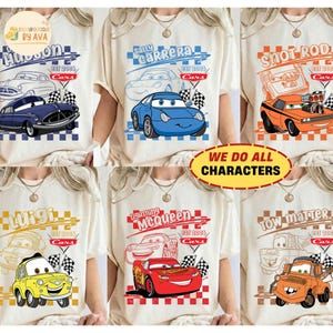 Retro Disneyland Cars Shirt, Checkered Lightning McQueen Cars Sally Tow Mater Shirt, Disneyland Group Matching Trip Shirts, Family Matching image 1