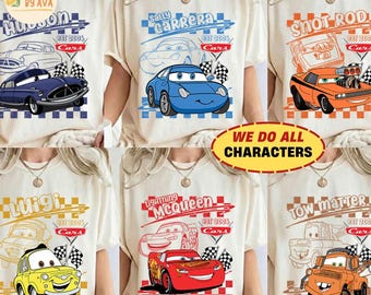 Retro Disneyland Cars Shirt, Checkered Lightning McQueen Cars Sally Tow Mater Shirt, Disneyland Group Matching Trip Shirts, Family Matching