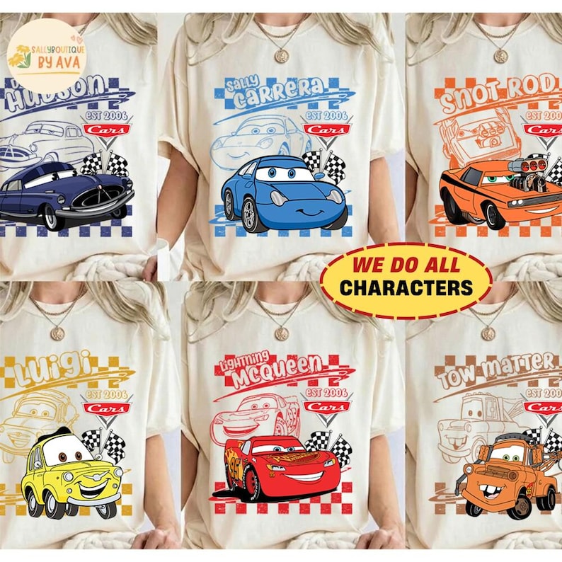 Retro Disneyland Cars Shirt, Checkered Lightning McQueen Cars Sally Tow Mater Shirt, Disneyland Group Matching Trip Shirts, Family Matching image 1