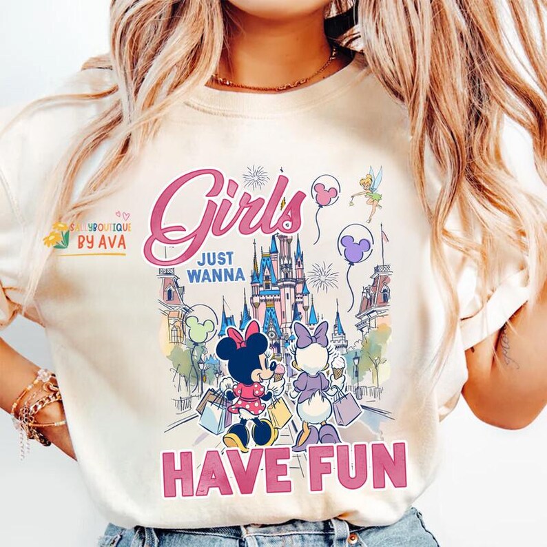 Disneyland Castle Girls Just Wanna Have Fun Trip shirt, Minnie Daisy Summer Shirt, Disneyland Besties Tee, Disneyworld Vacation, Summer Gift image 2