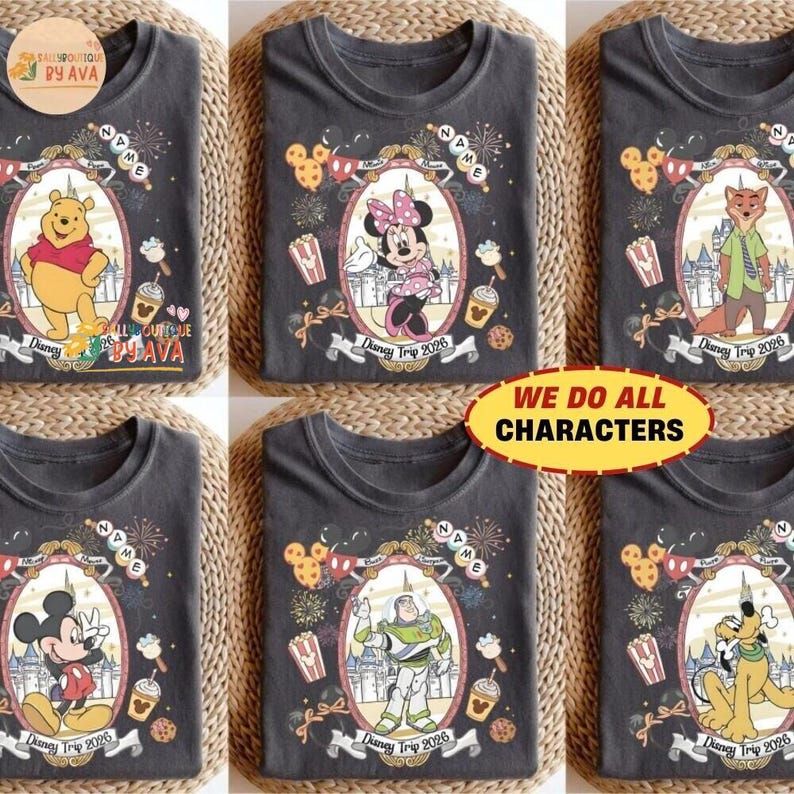 Custom All Characters Disneyland Trip 2026 Shirt, Personalized WDW Family Vacation Matching Tee, Magic Kingdom Mickey Pooh Stitch Buzz Shirt image 2