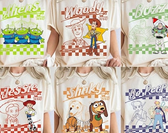 Retro Disneyland Pixar Toy Story All Characters Checkered Signature Shirt, Woody, Buzz, Jessie, Bo Peep, Personalized Group Matching Tee
