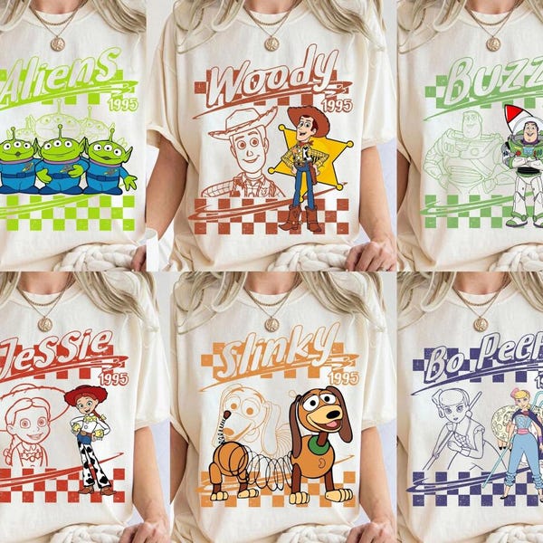 Camiseta retro a cuadros de Disneyland Pixar Toy Story con todos los personajes: Woody, Buzz, Jessie y Bo Peep. Camiseta personalizada a juego.