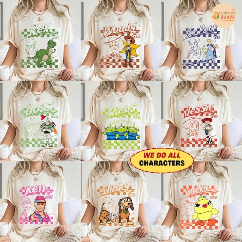 Retro Disneyland Pixar Toy Story All Characters Checkered Signature Shirt, Woody, Buzz, Jessie, Bo Peep, Personalized Group Matching Tee Bild 1