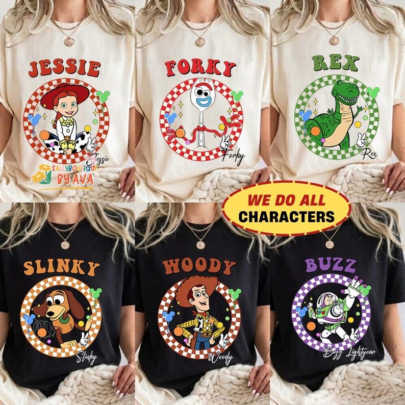 Custom All Disneyland Pixar Toy Story Checkered Shirt, Woody Buzz Jessie Rex Lotso, Family Vacation Tee, Personalized Group Matching Tee image 1