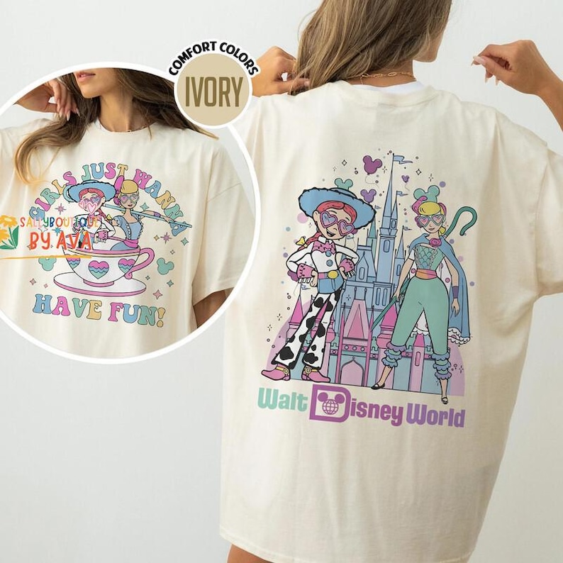 Girls Just Wanna Have Fun Disneyland Shirt, Bo Peep And Jessie Toy Story Tee, Disneyworld Family Trip Apparel, Retro Teacup Graphic Top image 1