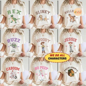 Camiseta retro de Toy Story con colores cómodos, camisetas familiares a juego de Disneyland, camisetas grupales de Disneyland, Toy Story Woody Buzz Jessie Alien Birthday imagen 1