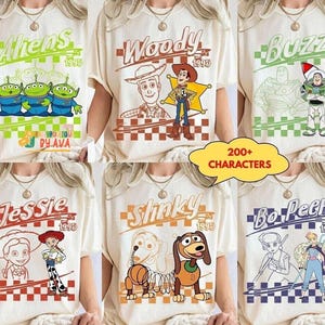 Retro Disneyland Pixar Toy Story All Characters Villains Checkered Signature Shirt, Woody, Buzz, Jessie, Bo Peep,Personalized Group Matching image 3