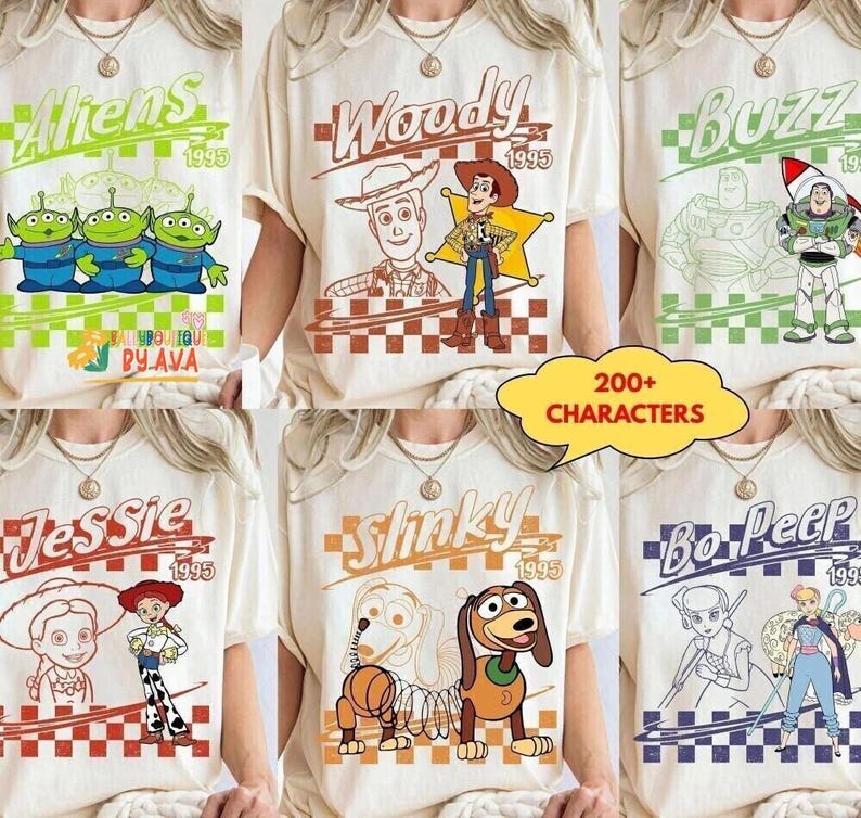 Retro Disneyland Pixar Toy Story All Characters Villains Checkered Signature Shirt, Woody, Buzz, Jessie, Bo Peep,Personalized Group Matching image 3