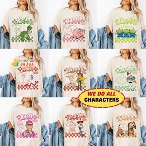 Retro Disneyland Pixar Toy Story Zootopia Peter Pan Tinker Bell Nemo All Characters Checkered Signature Shirt, Personalized Group Matching image 3