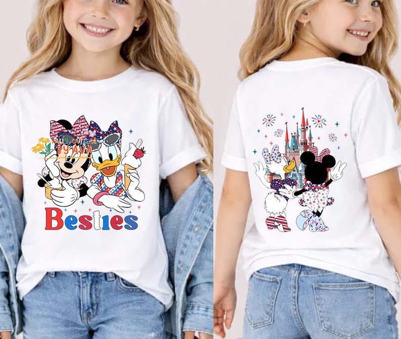 2 Side Minnie Daisy Happy 4th of July T-shirt, Disneyland Bestie Shirt, Happy Independence Day 2026 Matching Tee, Birthday Girl Shirt image 1