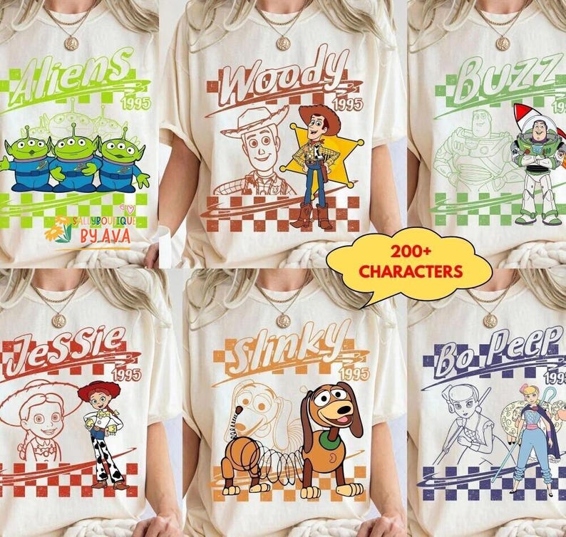 Camiseta retro a cuadros de Disneyland Pixar Toy Story con todos los personajes: Woody, Buzz, Jessie y Bo Peep. Camiseta personalizada a juego. imagen 2
