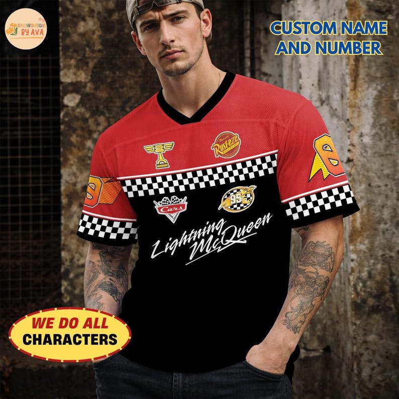Personalized Disneyland Cars Football Jersey, Custom Name Number Lightning McQueen Shirt, Cars Movie Birthday Gift, Boys Racing Jersey image 3
