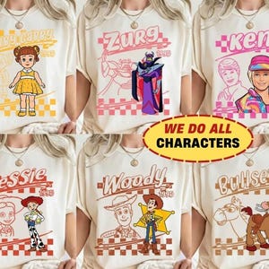 Retro Disneyland Pixar Toy Story All Characters Checkered Signature Shirt, Woody, Buzz, Jessie, Bo Peep, Personalized Group Matching Tee image 1