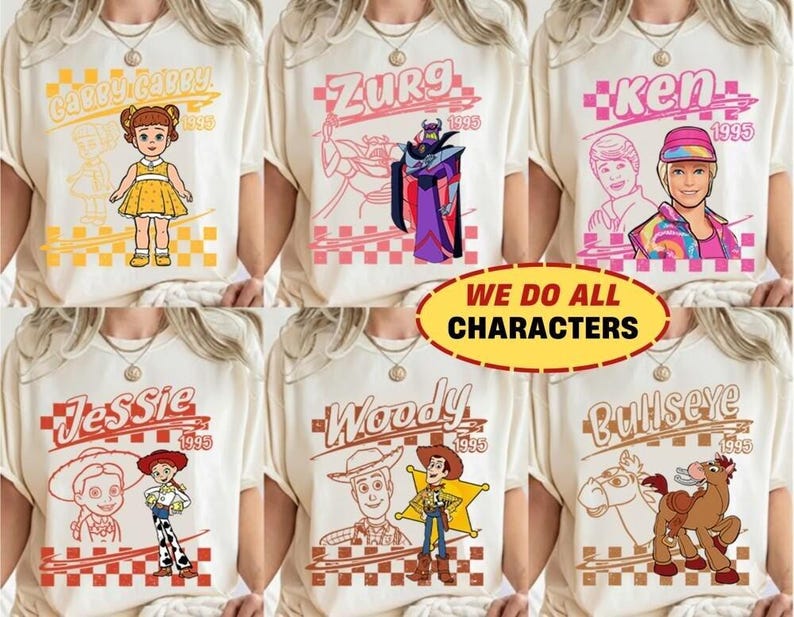 Retro Disneyland Pixar Toy Story All Characters Checkered Signature Shirt, Woody, Buzz, Jessie, Bo Peep, Personalized Group Matching Tee image 1