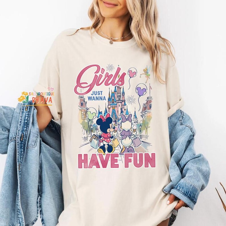 Disneyland Castle Girls Just Wanna Have Fun Trip shirt, Minnie Daisy Summer Shirt, Disneyland Besties Tee, Disneyworld Vacation, Summer Gift image 1