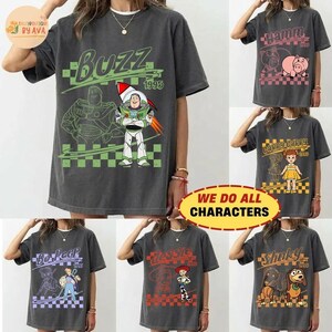 Retro Disneyland Pixar Toy Story All Characters Checkered Signature Shirt, Woody, Buzz, Jessie, Bo Peep, Personalized Group Matching Tee image 1