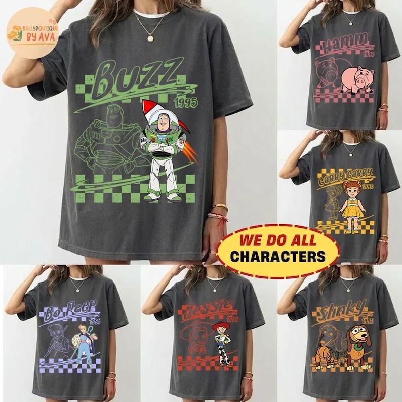 Retro Disneyland Pixar Toy Story All Characters Checkered Signature Shirt, Woody, Buzz, Jessie, Bo Peep, Personalized Group Matching Tee image 1