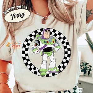 Retro Disneyland Toy Story 5 Checkered Comfort Colors Shirt, Disneyland All Characters Shirt, Lilypad Woody Buzz Disneyland Trip Shirt image 4