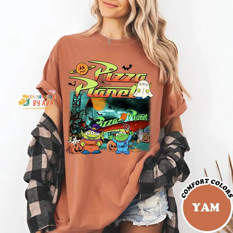 Comfort Colors® Vintage Aliens Toy Story Pizza Planet Halloween Shirt, Toy Story Halloween Shirt, Disneyland Spooky Season, Halloween Party image 4