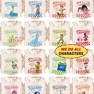 Retro Disneyland Pixar Toy Story Zootopia Peter Pan Tinker Bell Nemo All Characters Checkered Signature Shirt, Personalized Group Matching image 1