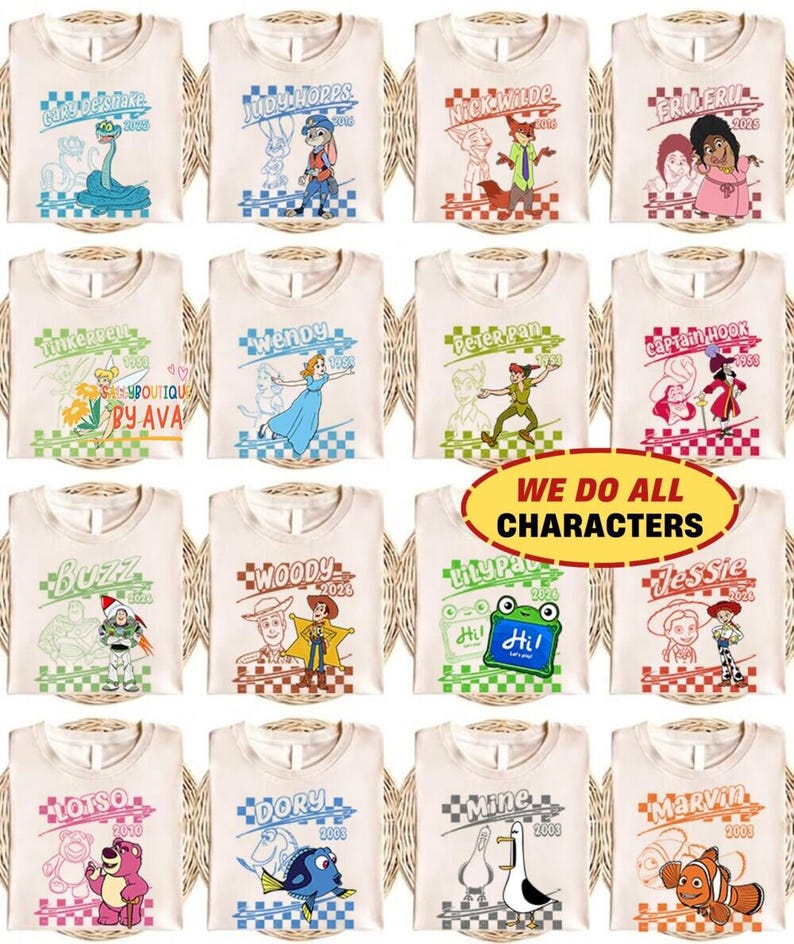 Retro Disneyland Pixar Toy Story Zootopia Peter Pan Tinker Bell Nemo All Characters Checkered Signature Shirt, Personalized Group Matching image 1