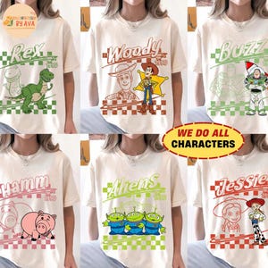 Retro Disneyland Pixar Toy Story All Characters Checkered Signature Shirt, Woody, Buzz, Jessie, Bo Peep, Personalized Group Matching Tee image 1